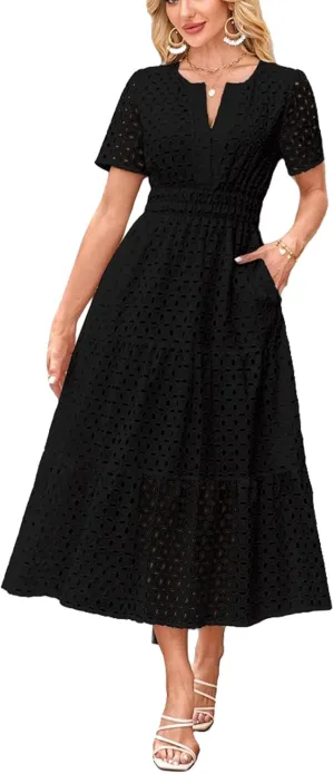 Eyelet Ruffle Dress Women's Short Sleeve Mini Dress Summer V Neck Hollow Out Swing Short Dresses