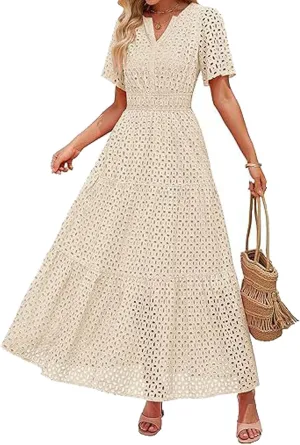 Eyelet Ruffle Dress Women's Short Sleeve Mini Dress Summer V Neck Hollow Out Swing Short Dresses