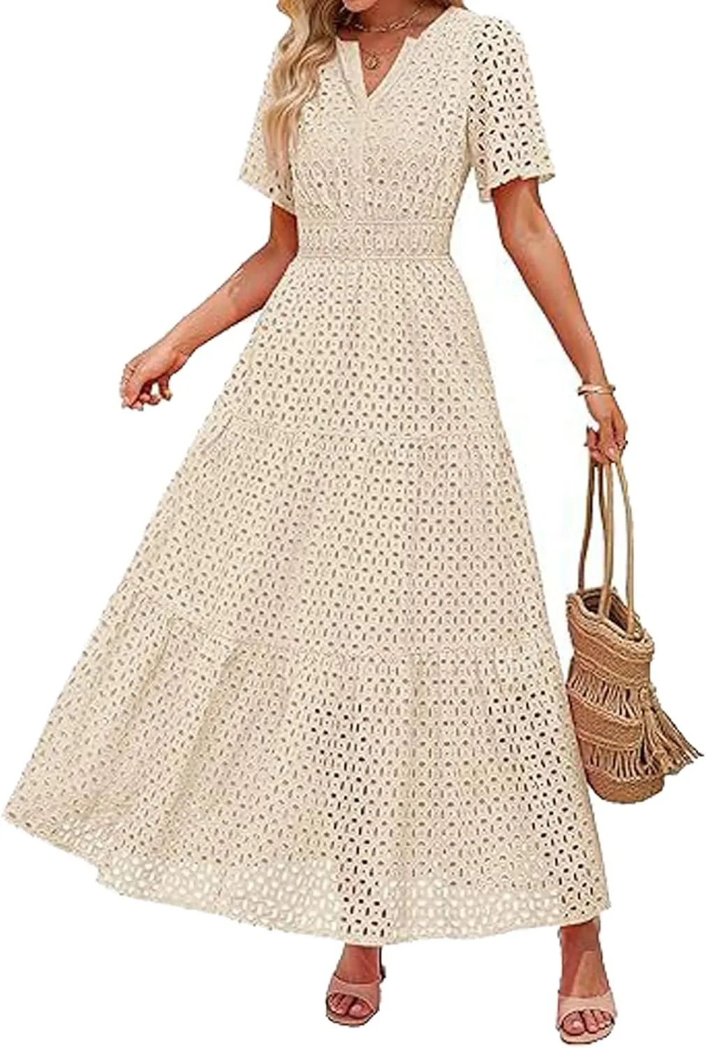 Eyelet Ruffle Dress Women's Short Sleeve Mini Dress Summer V Neck Hollow Out Swing Short Dresses
