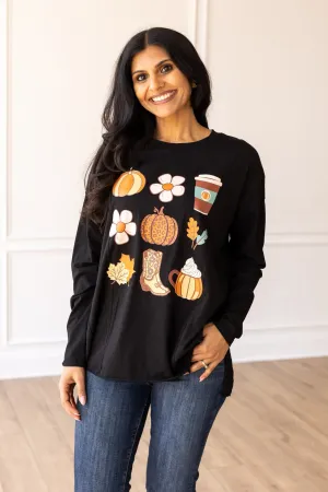 Fall Elements on Black Long-sleeved T-shirts With Side Stitching