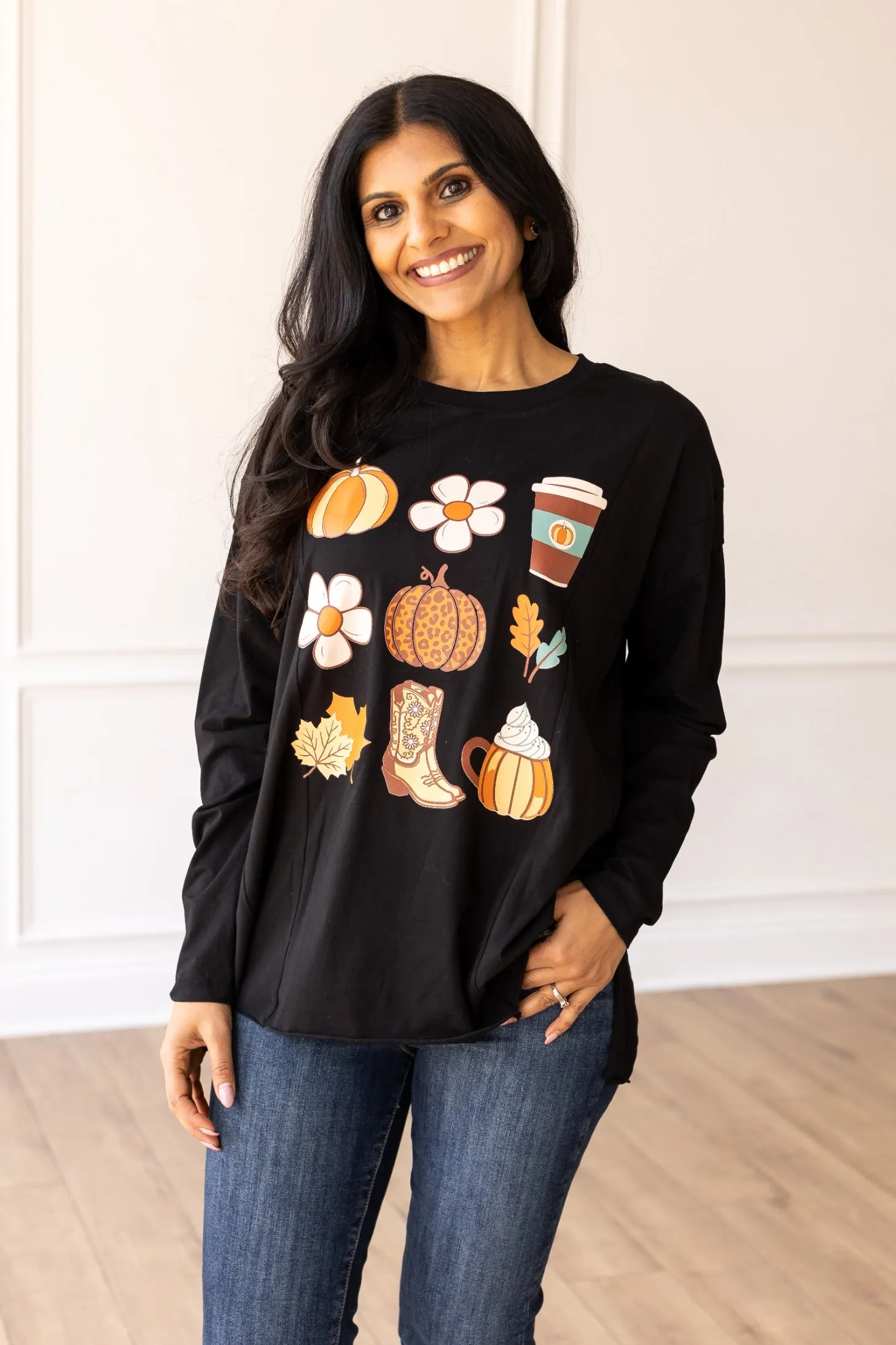 Fall Elements on Black Long-sleeved T-shirts With Side Stitching