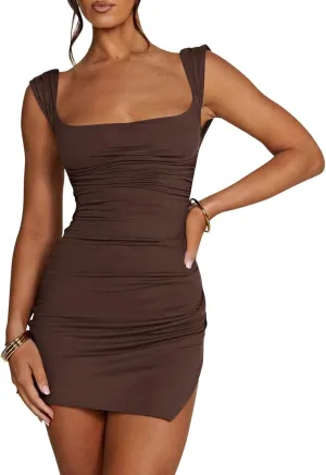 Fisoew Womens Backless Bodycon Dress Sexy Sleeveless Tie Back Slit Ruched Club Party Mini Dresses