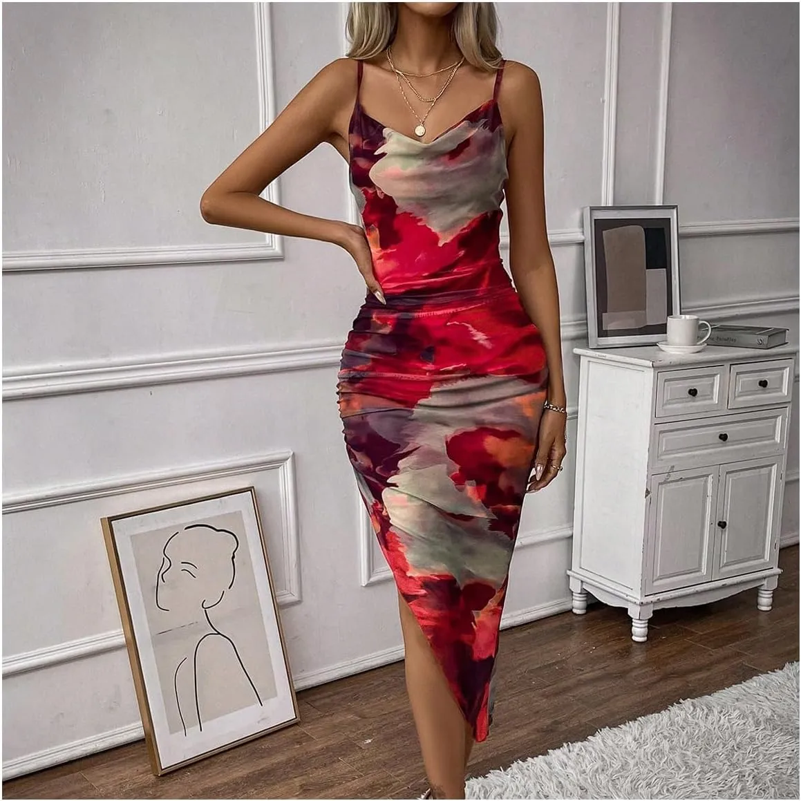 GORGLITTER Women's Mesh Ruched Bodycon Birthday Midi Dress Tie Dye Asymmetrical Party Going Out Wedding Guest Dresses