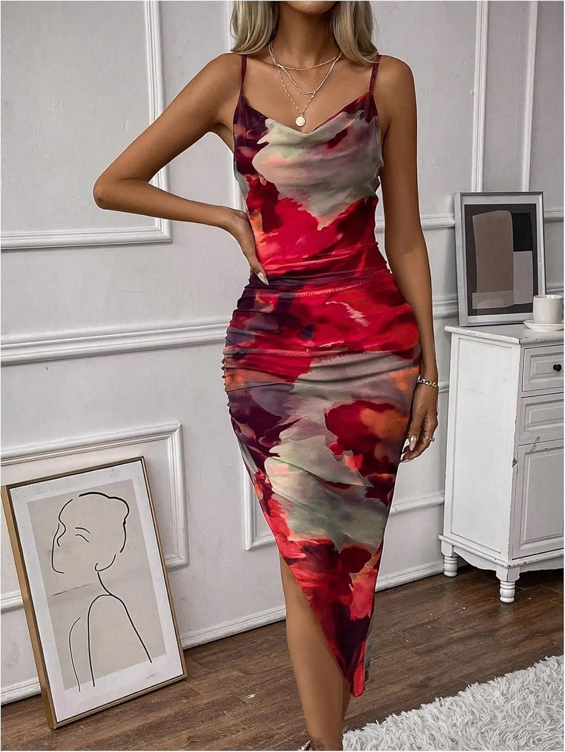 GORGLITTER Women's Mesh Ruched Bodycon Birthday Midi Dress Tie Dye Asymmetrical Party Going Out Wedding Guest Dresses