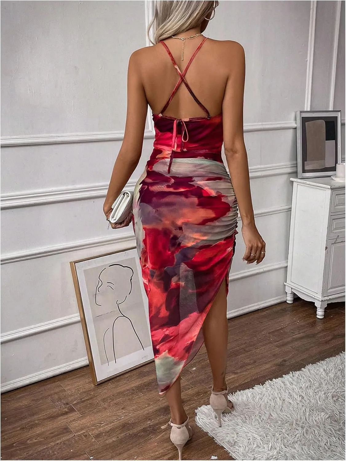 GORGLITTER Women's Mesh Ruched Bodycon Birthday Midi Dress Tie Dye Asymmetrical Party Going Out Wedding Guest Dresses