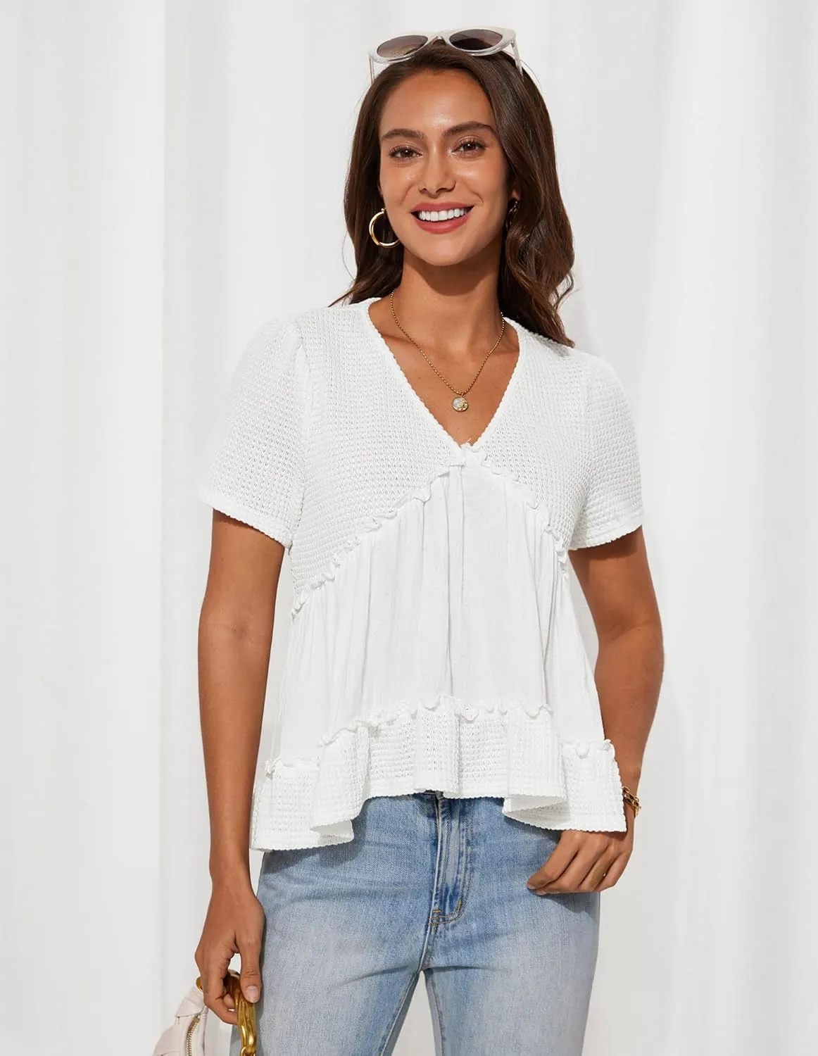 GRACE KARIN Short Sleeve Blouse for Women 2025 Casual V-Neck Ruffle Tops