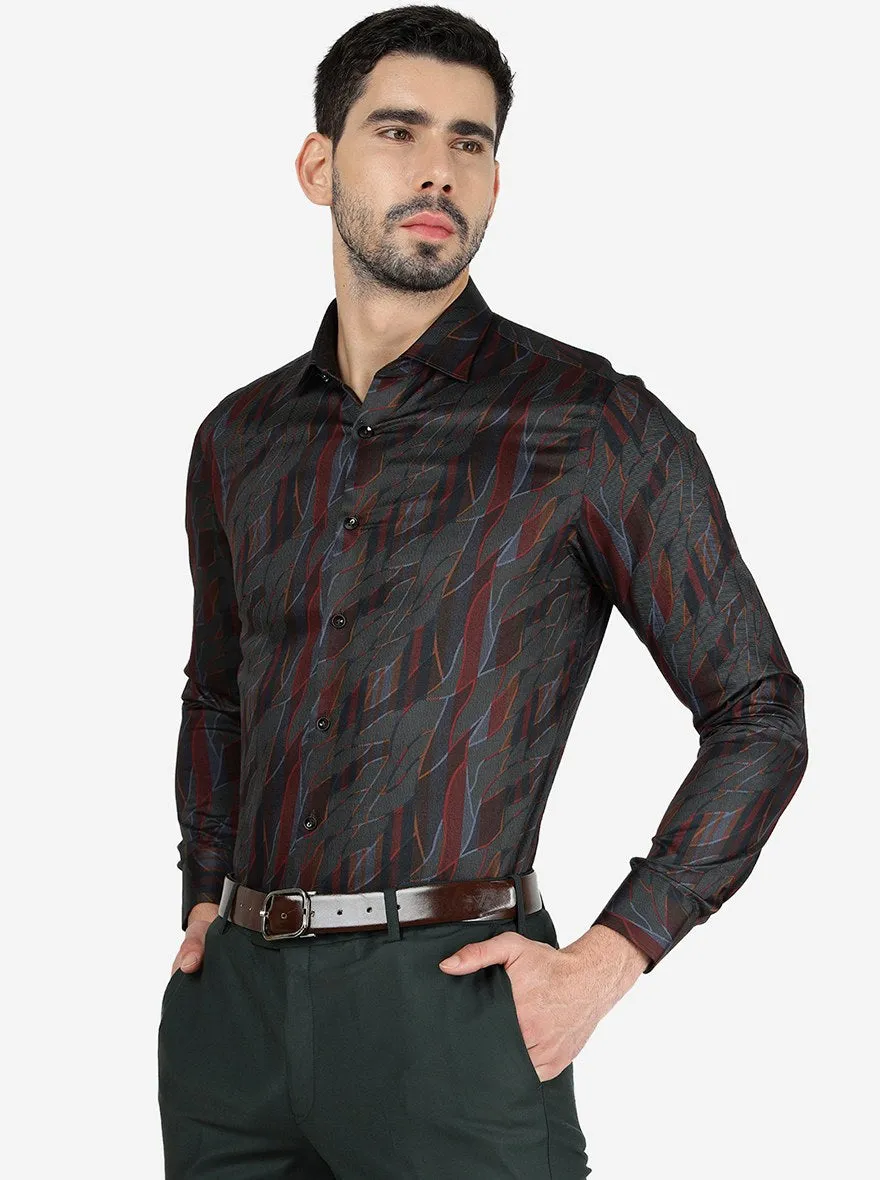 Grey & Maroon Printed Slim Fit Party Wear Shirt | JB Studio