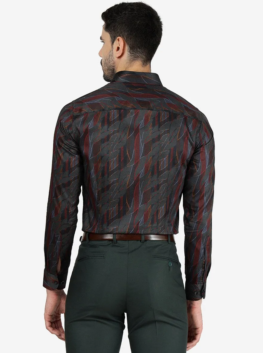 Grey & Maroon Printed Slim Fit Party Wear Shirt | JB Studio