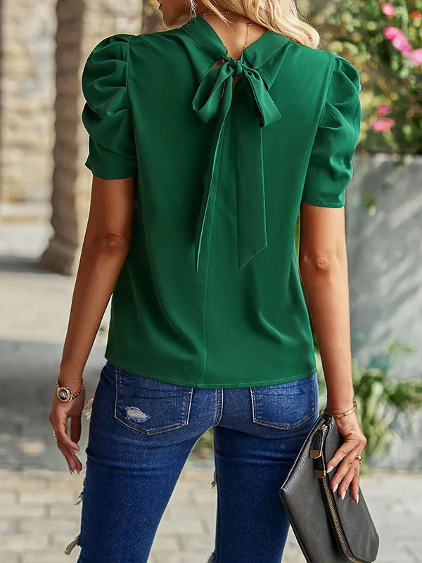 Half Sleeves Loose Pleated Solid Color Mock Neck T-Shirts Tops