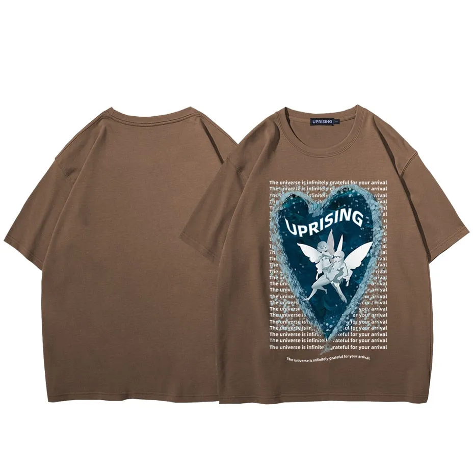 Hip Hop Streetwear Oversize T-shirt Angel Boy Thinking Letter Print T-shirt Mens Harajuku Cotton Short Sleeve Tops Tees