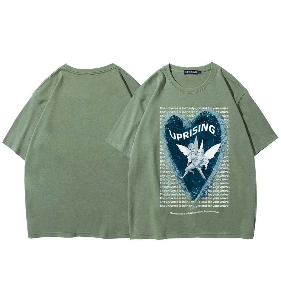 Hip Hop Streetwear Oversize T-shirt Angel Boy Thinking Letter Print T-shirt Mens Harajuku Cotton Short Sleeve Tops Tees