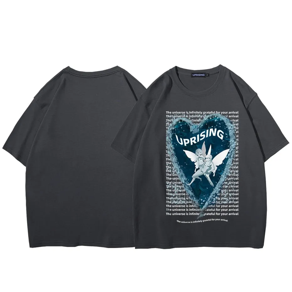 Hip Hop Streetwear Oversize T-shirt Angel Boy Thinking Letter Print T-shirt Mens Harajuku Cotton Short Sleeve Tops Tees