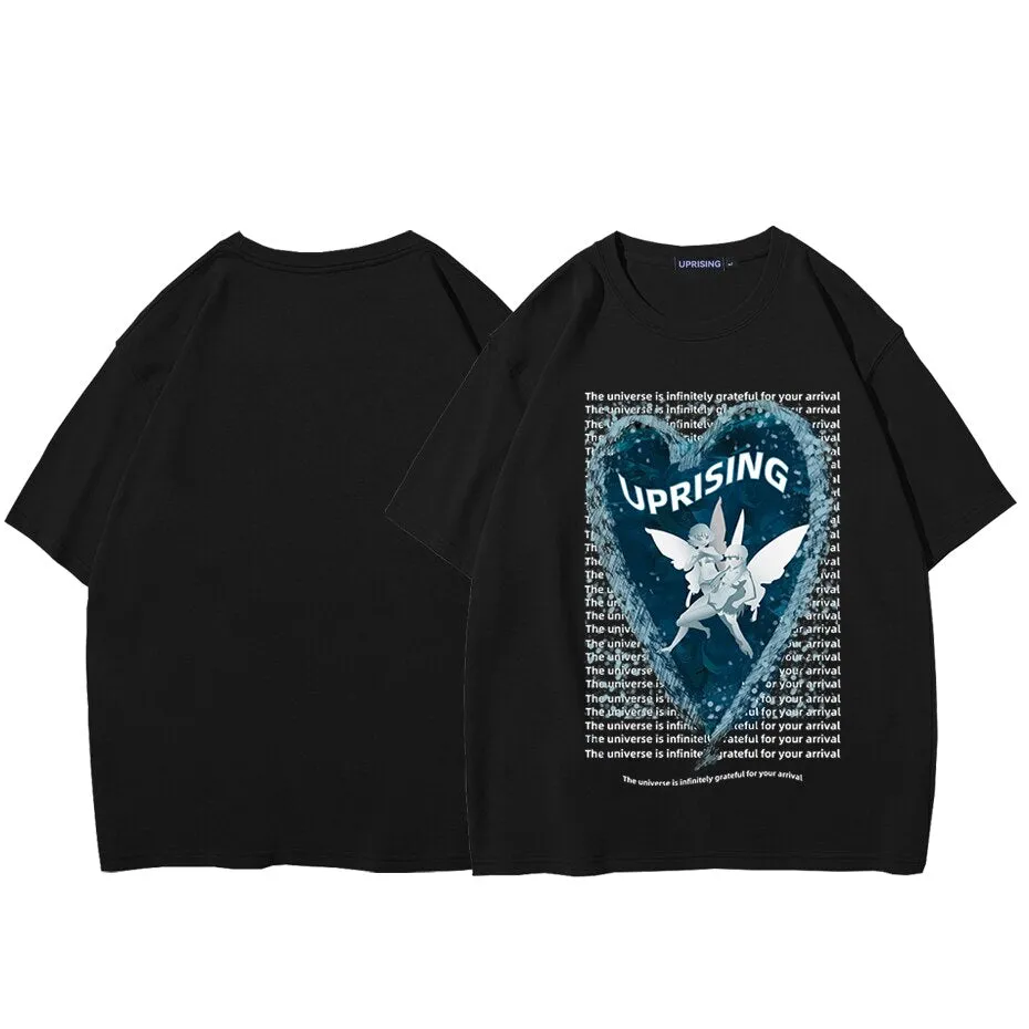 Hip Hop Streetwear Oversize T-shirt Angel Boy Thinking Letter Print T-shirt Mens Harajuku Cotton Short Sleeve Tops Tees