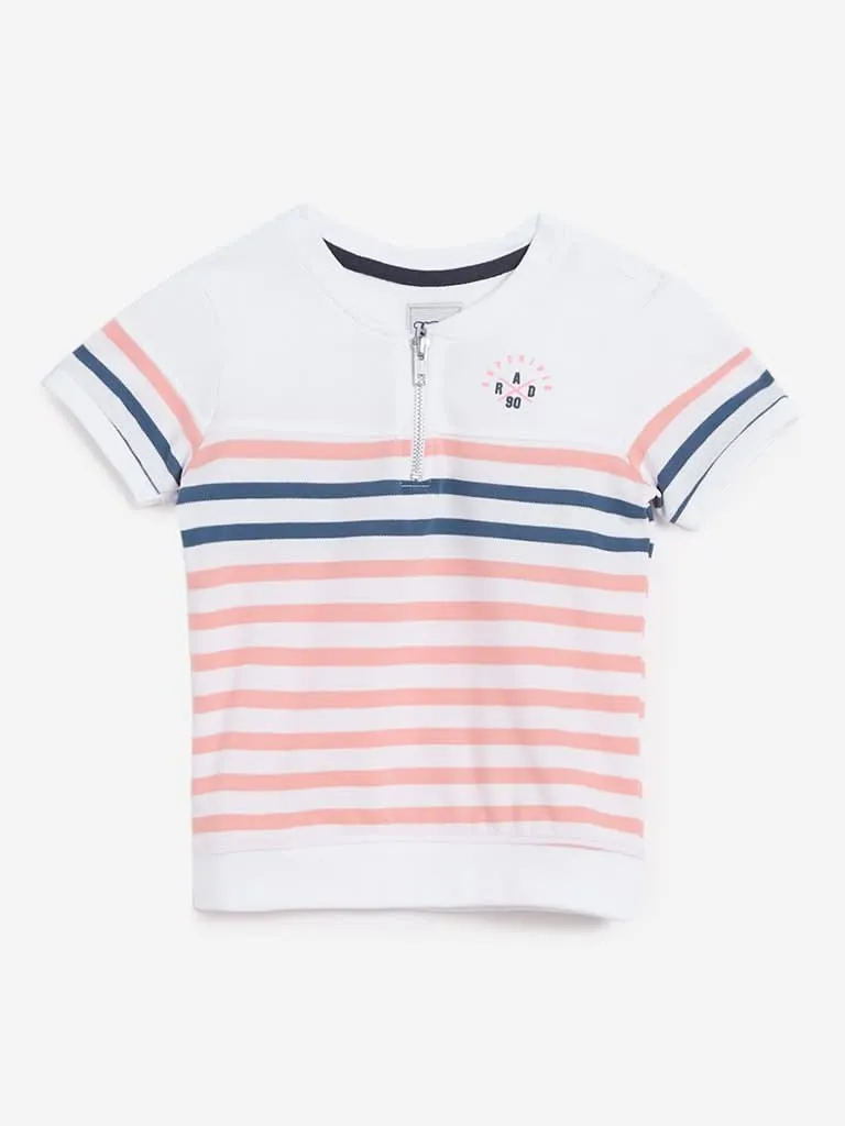 HOP Kids Peach Striped Pure-Cotton T-Shirts
