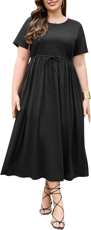 Keluummi Plus Size Summer Maxi Dress for Curvy Women, Casual A Line Wedding Guest Dress with Pocket, Empire Waist, 3/4 Sleeve