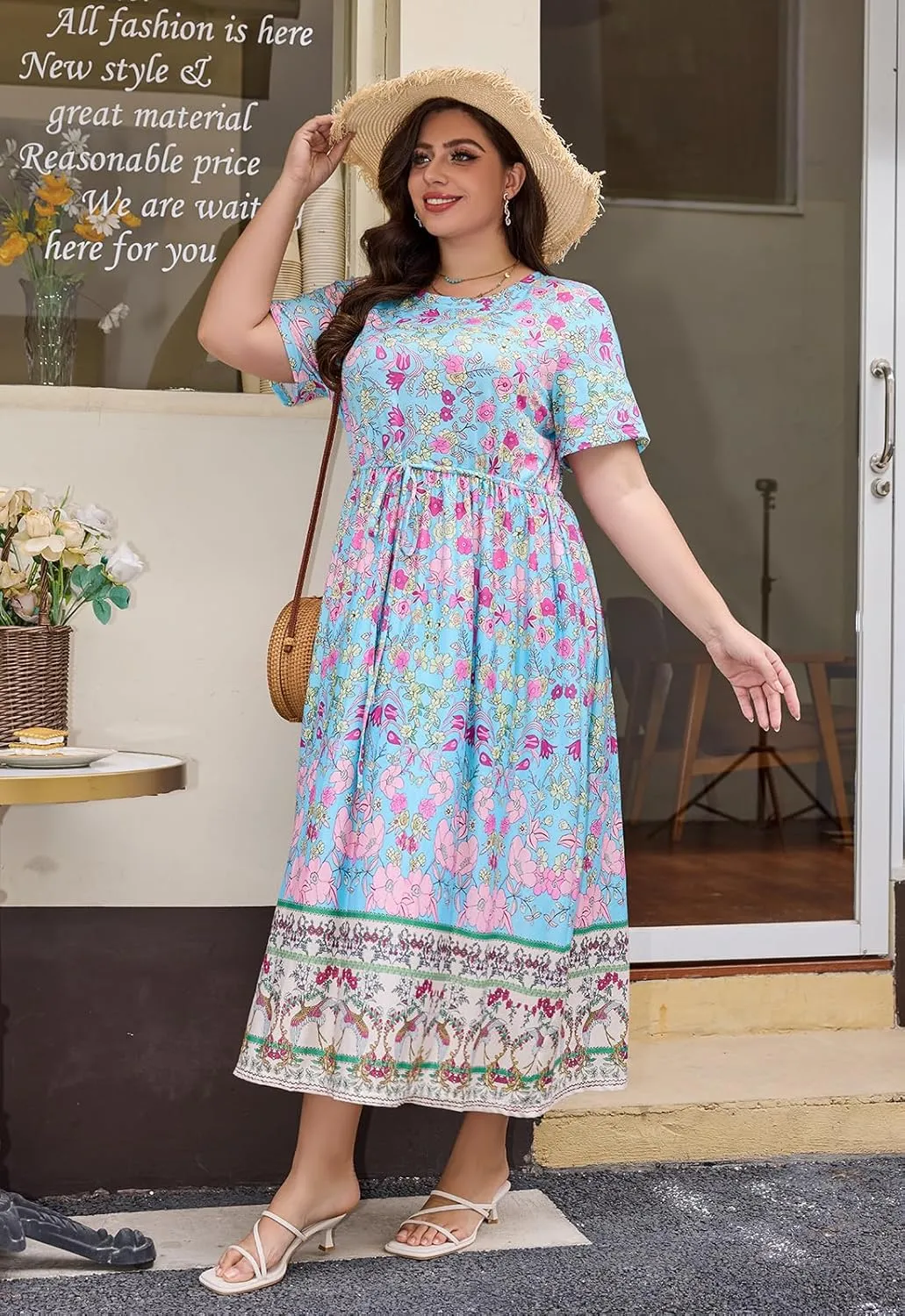 Keluummi Plus Size Summer Maxi Dress for Curvy Women, Casual A Line Wedding Guest Dress with Pocket, Empire Waist, 3/4 Sleeve