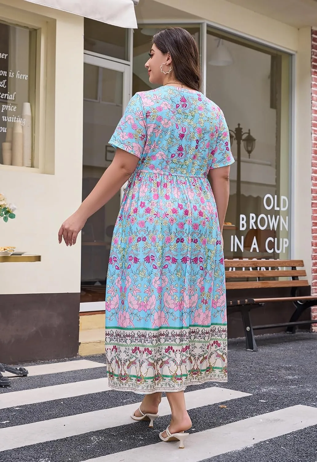 Keluummi Plus Size Summer Maxi Dress for Curvy Women, Casual A Line Wedding Guest Dress with Pocket, Empire Waist, 3/4 Sleeve