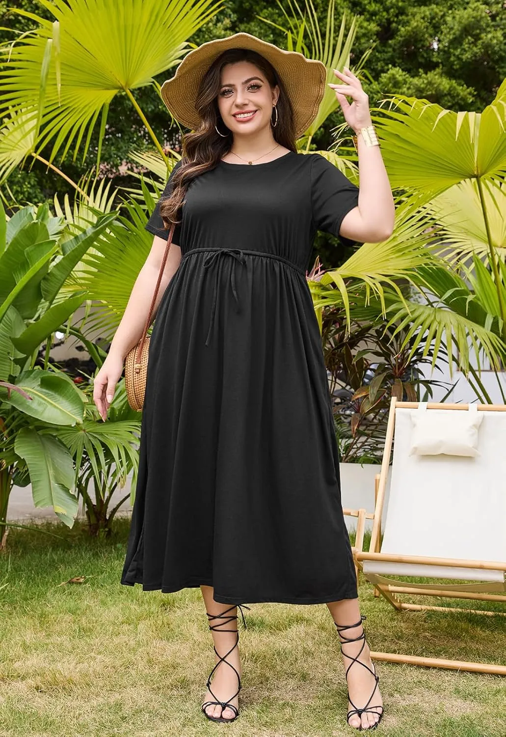 Keluummi Plus Size Summer Maxi Dress for Curvy Women, Casual A Line Wedding Guest Dress with Pocket, Empire Waist, 3/4 Sleeve