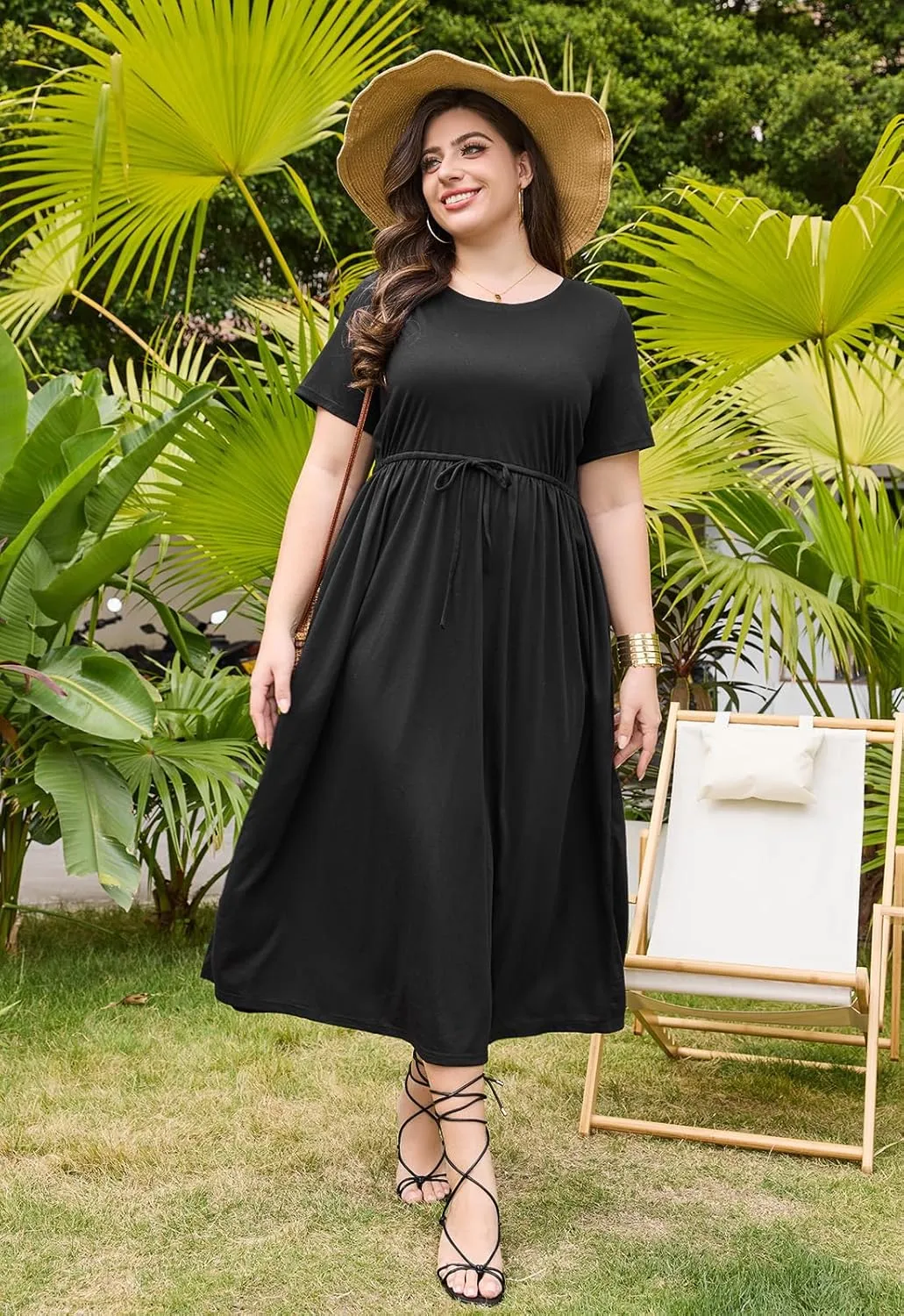 Keluummi Plus Size Summer Maxi Dress for Curvy Women, Casual A Line Wedding Guest Dress with Pocket, Empire Waist, 3/4 Sleeve