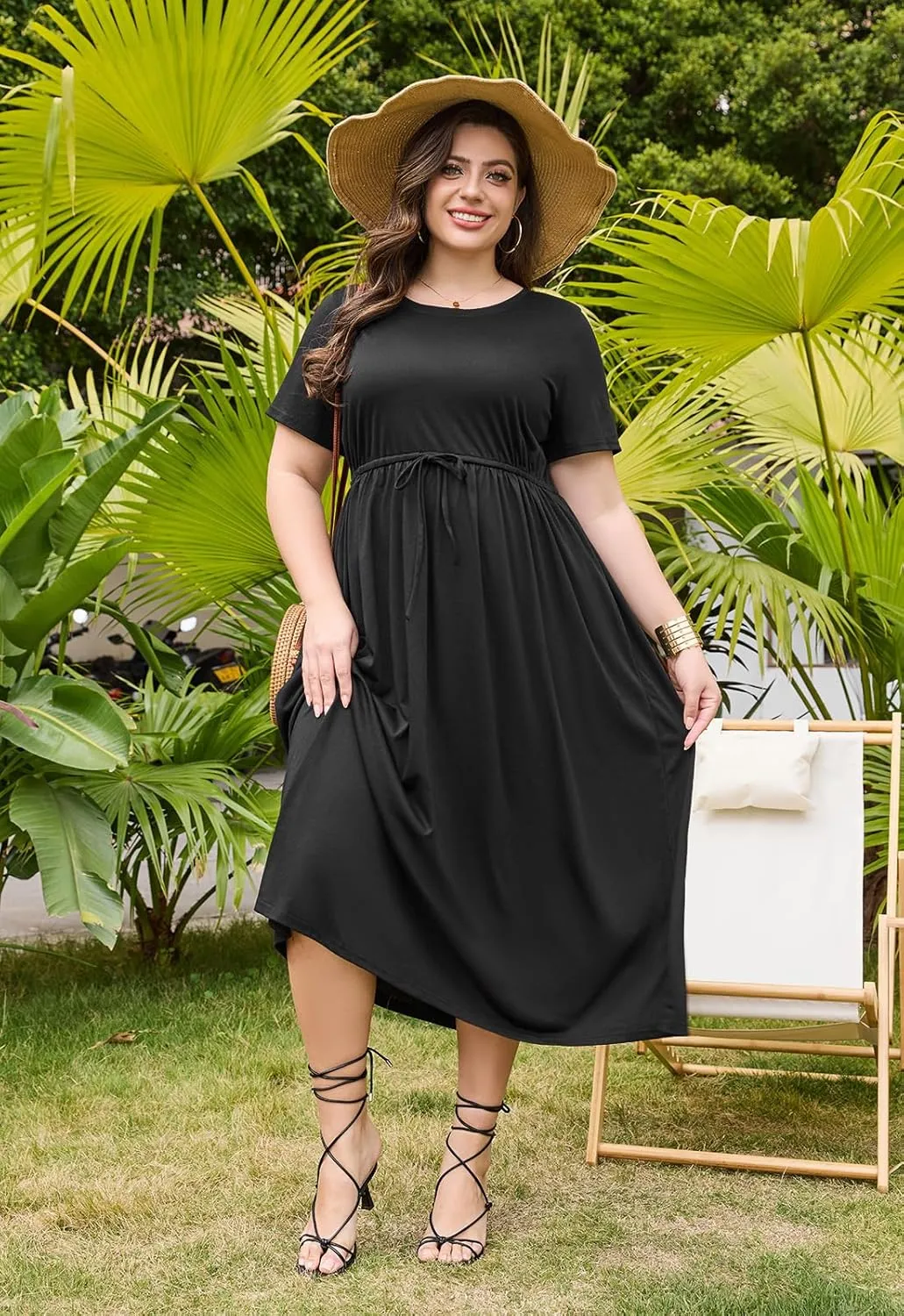 Keluummi Plus Size Summer Maxi Dress for Curvy Women, Casual A Line Wedding Guest Dress with Pocket, Empire Waist, 3/4 Sleeve