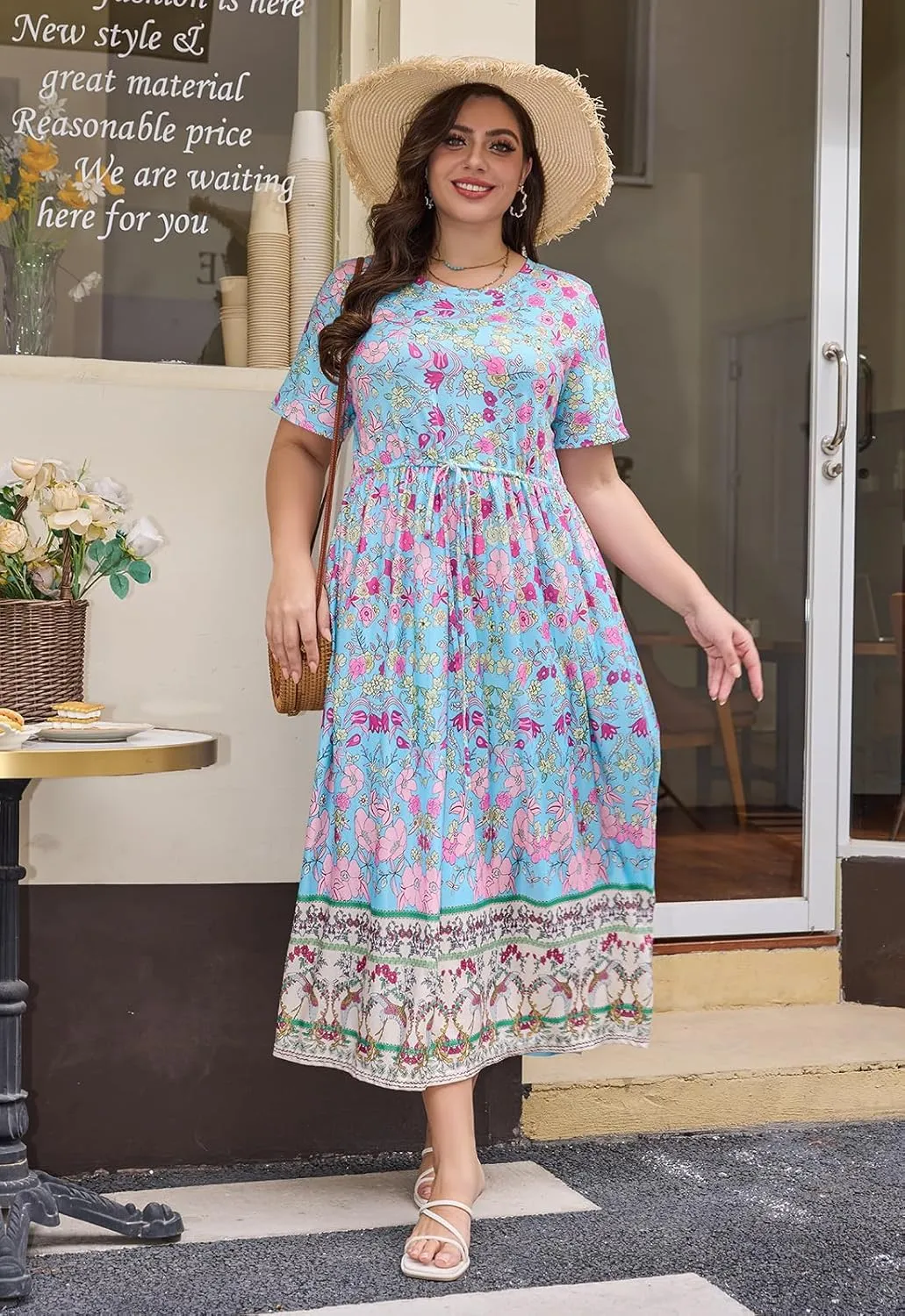 Keluummi Plus Size Summer Maxi Dress for Curvy Women, Casual A Line Wedding Guest Dress with Pocket, Empire Waist, 3/4 Sleeve