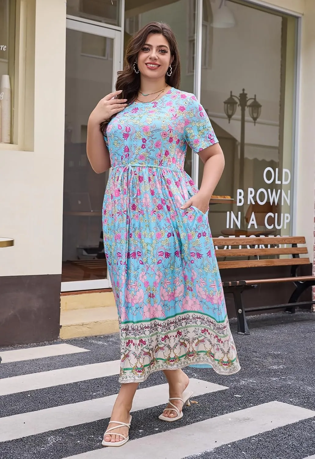 Keluummi Plus Size Summer Maxi Dress for Curvy Women, Casual A Line Wedding Guest Dress with Pocket, Empire Waist, 3/4 Sleeve