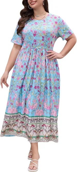 Keluummi Plus Size Summer Maxi Dress for Curvy Women, Casual A Line Wedding Guest Dress with Pocket, Empire Waist, 3/4 Sleeve