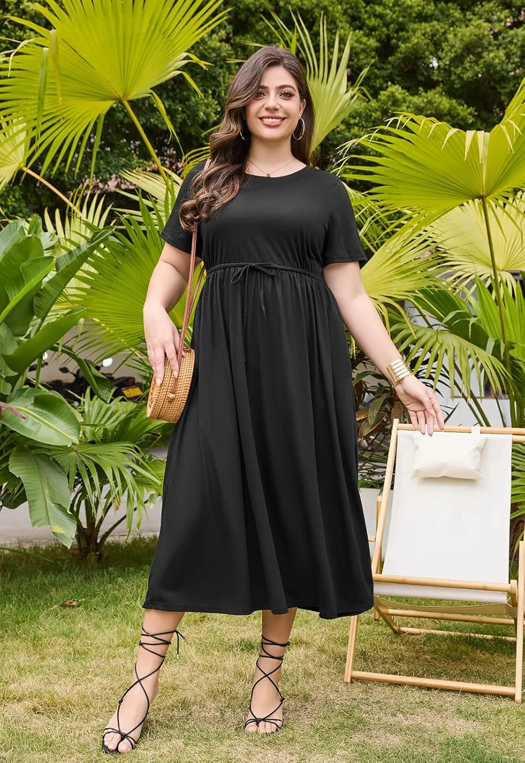 Keluummi Plus Size Summer Maxi Dress for Curvy Women, Casual A Line Wedding Guest Dress with Pocket, Empire Waist, 3/4 Sleeve