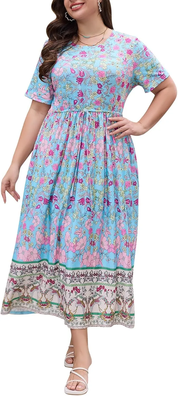 Keluummi Plus Size Summer Maxi Dress for Curvy Women, Casual A Line Wedding Guest Dress with Pocket, Empire Waist, 3/4 Sleeve