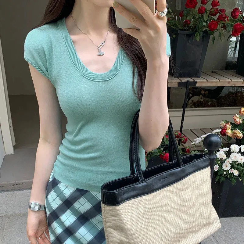 Korean Classic O-neck Chic Knitted Summer Casual Women T-shirts Solid Color Elegant Office Ladies Fashion Simple Female T-shirts