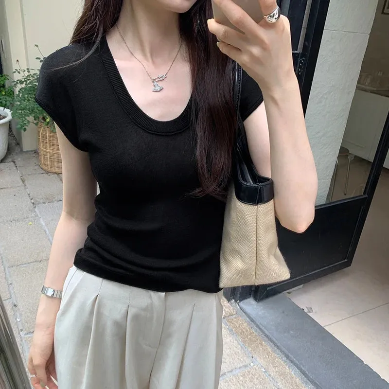 Korean Classic O-neck Chic Knitted Summer Casual Women T-shirts Solid Color Elegant Office Ladies Fashion Simple Female T-shirts