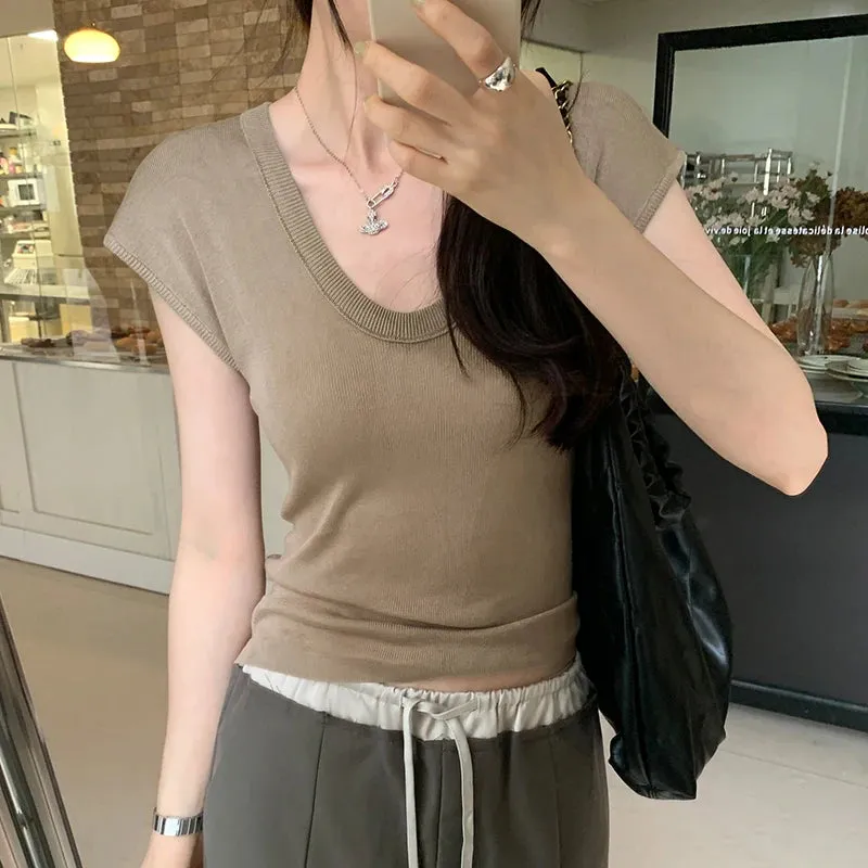 Korean Classic O-neck Chic Knitted Summer Casual Women T-shirts Solid Color Elegant Office Ladies Fashion Simple Female T-shirts