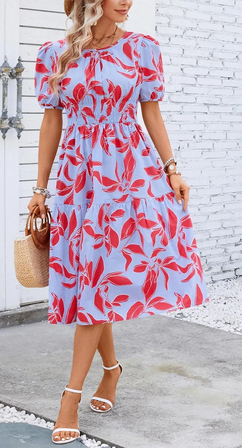 Kormei Women Summer Casual Boho Floral Round Neck Short Sleeve Smocked Waist Tiered Flowy Swing Midi Dress