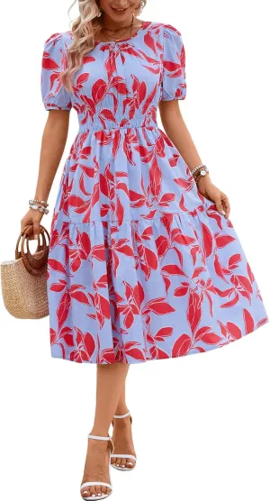 Kormei Women Summer Casual Boho Floral Round Neck Short Sleeve Smocked Waist Tiered Flowy Swing Midi Dress