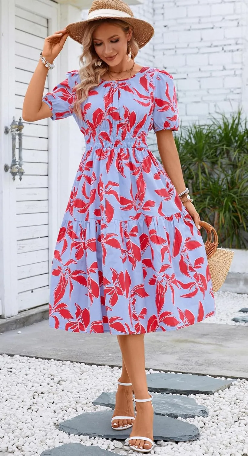 Kormei Women Summer Casual Boho Floral Round Neck Short Sleeve Smocked Waist Tiered Flowy Swing Midi Dress