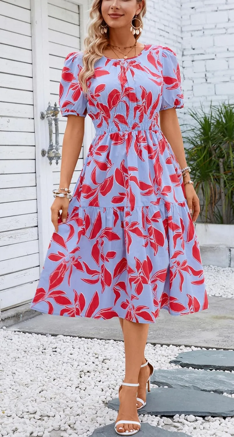 Kormei Women Summer Casual Boho Floral Round Neck Short Sleeve Smocked Waist Tiered Flowy Swing Midi Dress