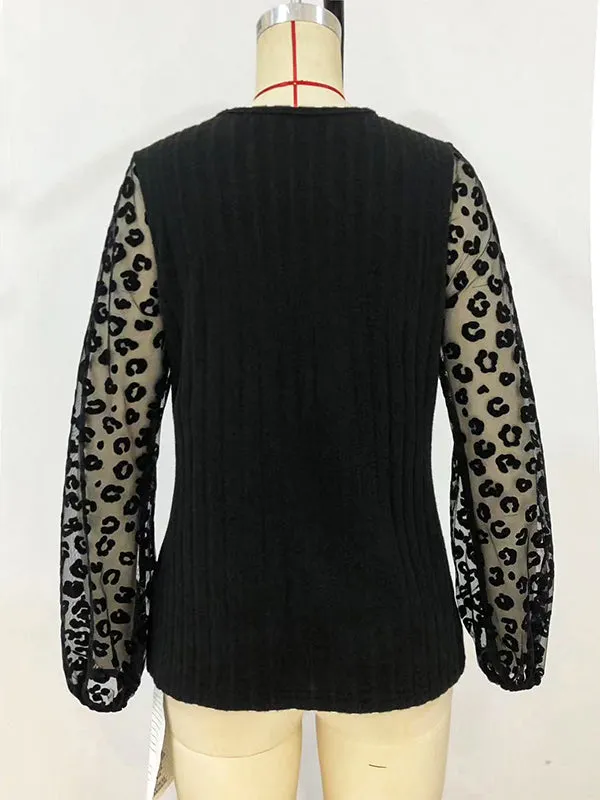 Long Sleeves Loose Elasticity Leopard Mesh Split-Joint V-Neck T-Shirts Tops