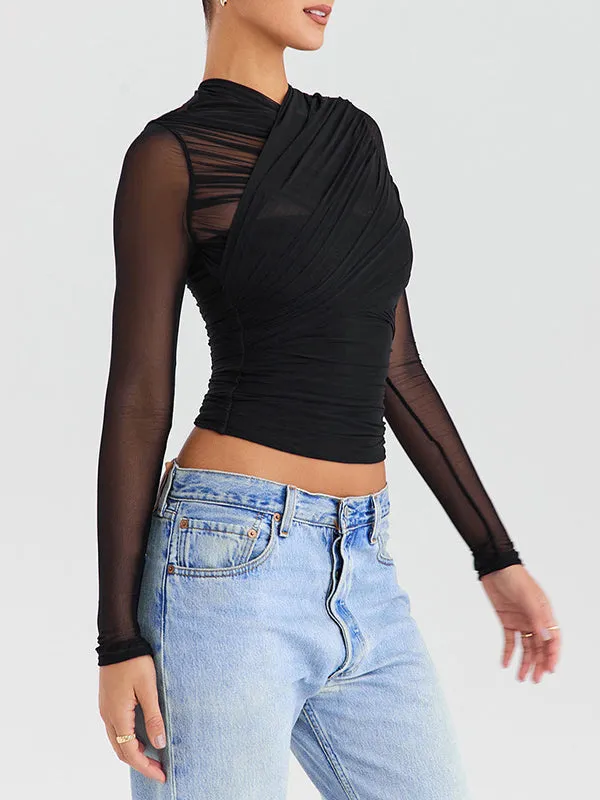 Long Sleeves Skinny Gauze Pleated See-Through Solid Color V-Neck T-Shirts