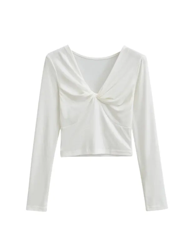 Long Sleeves Skinny Pleated Solid Color Split-Joint V-Neck T-Shirts