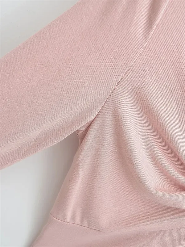 Long Sleeves Skinny Pleated Solid Color Split-Joint V-Neck T-Shirts