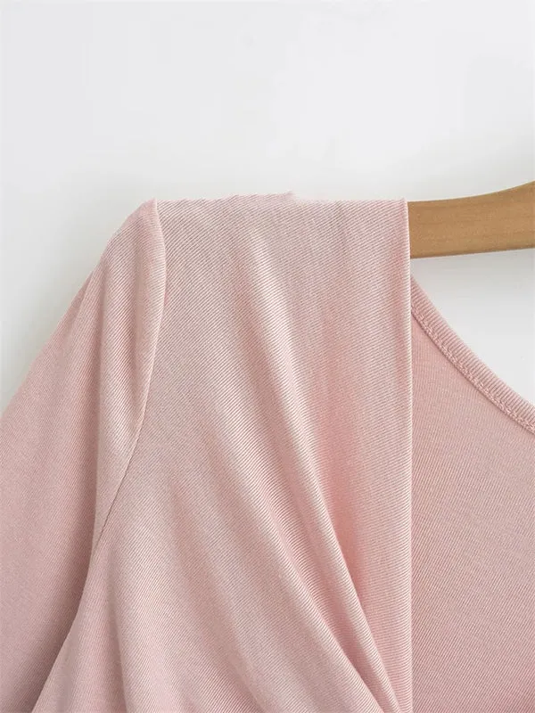 Long Sleeves Skinny Pleated Solid Color Split-Joint V-Neck T-Shirts