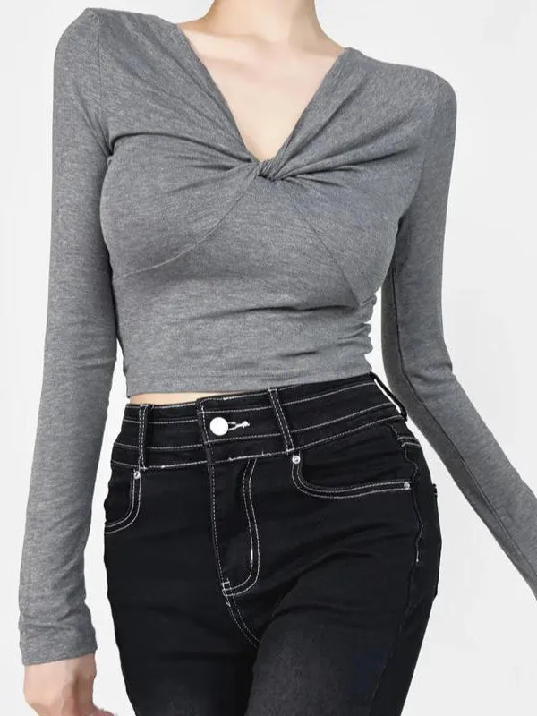 Long Sleeves Skinny Pleated Solid Color Split-Joint V-Neck T-Shirts