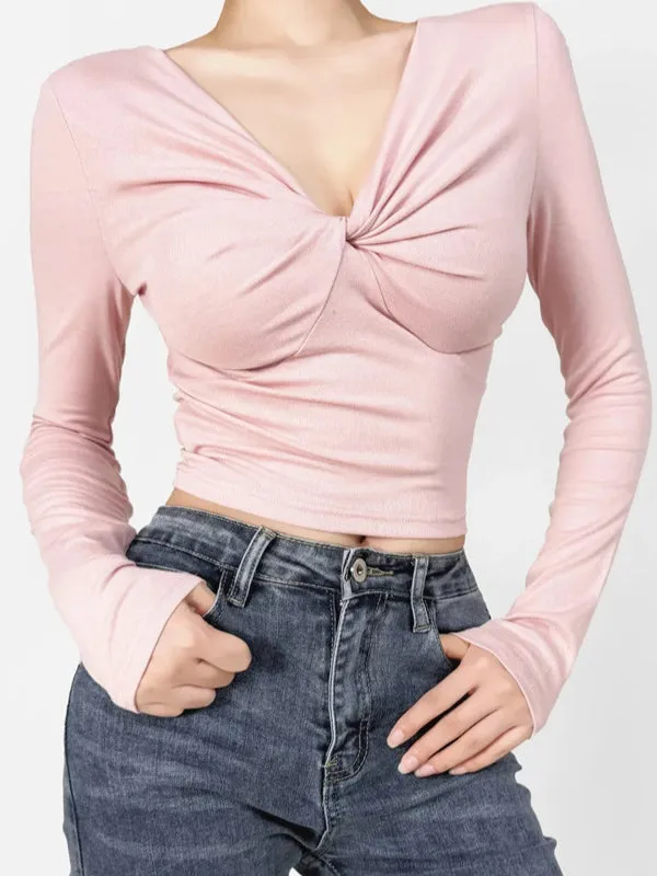 Long Sleeves Skinny Pleated Solid Color Split-Joint V-Neck T-Shirts