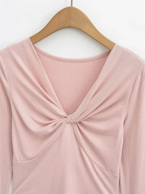 Long Sleeves Skinny Pleated Solid Color Split-Joint V-Neck T-Shirts