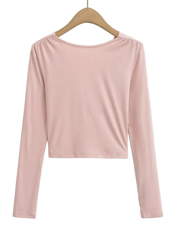 Long Sleeves Skinny Pleated Solid Color Split-Joint V-Neck T-Shirts