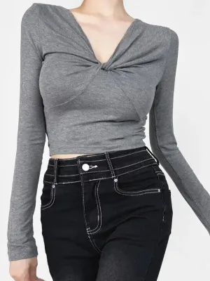 Long Sleeves Skinny Pleated Solid Color Split-Joint V-Neck T-Shirts