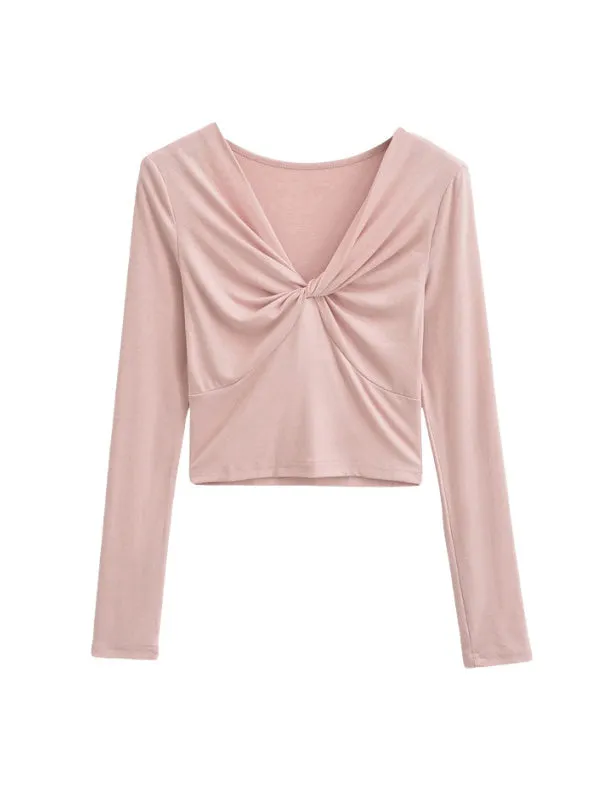 Long Sleeves Skinny Pleated Solid Color Split-Joint V-Neck T-Shirts