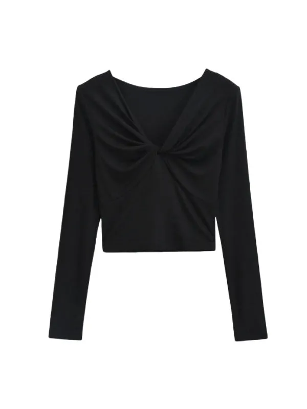 Long Sleeves Skinny Pleated Solid Color Split-Joint V-Neck T-Shirts