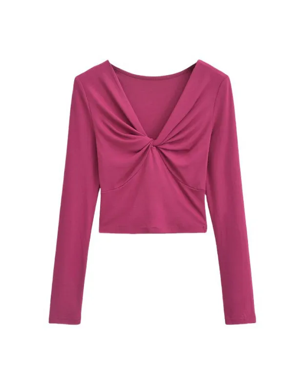 Long Sleeves Skinny Pleated Solid Color Split-Joint V-Neck T-Shirts