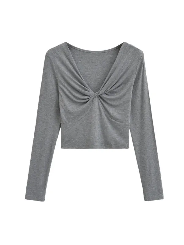 Long Sleeves Skinny Pleated Solid Color Split-Joint V-Neck T-Shirts